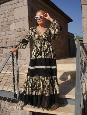 Papa Pia Gold Foil Boho Maxi Dress